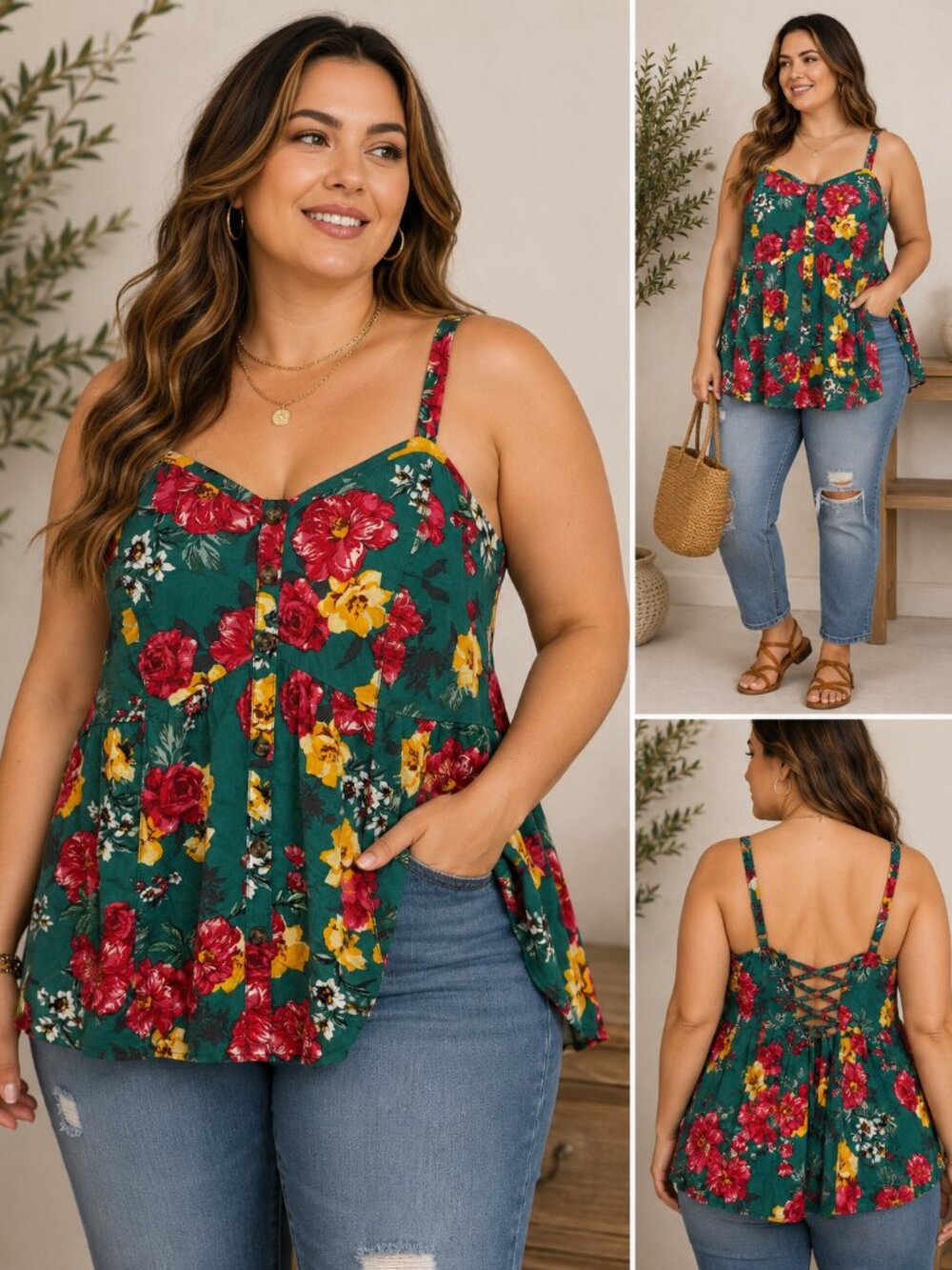 Torrid Floral Lace-Up Back Fit & Flare Tank Top Green 1X
